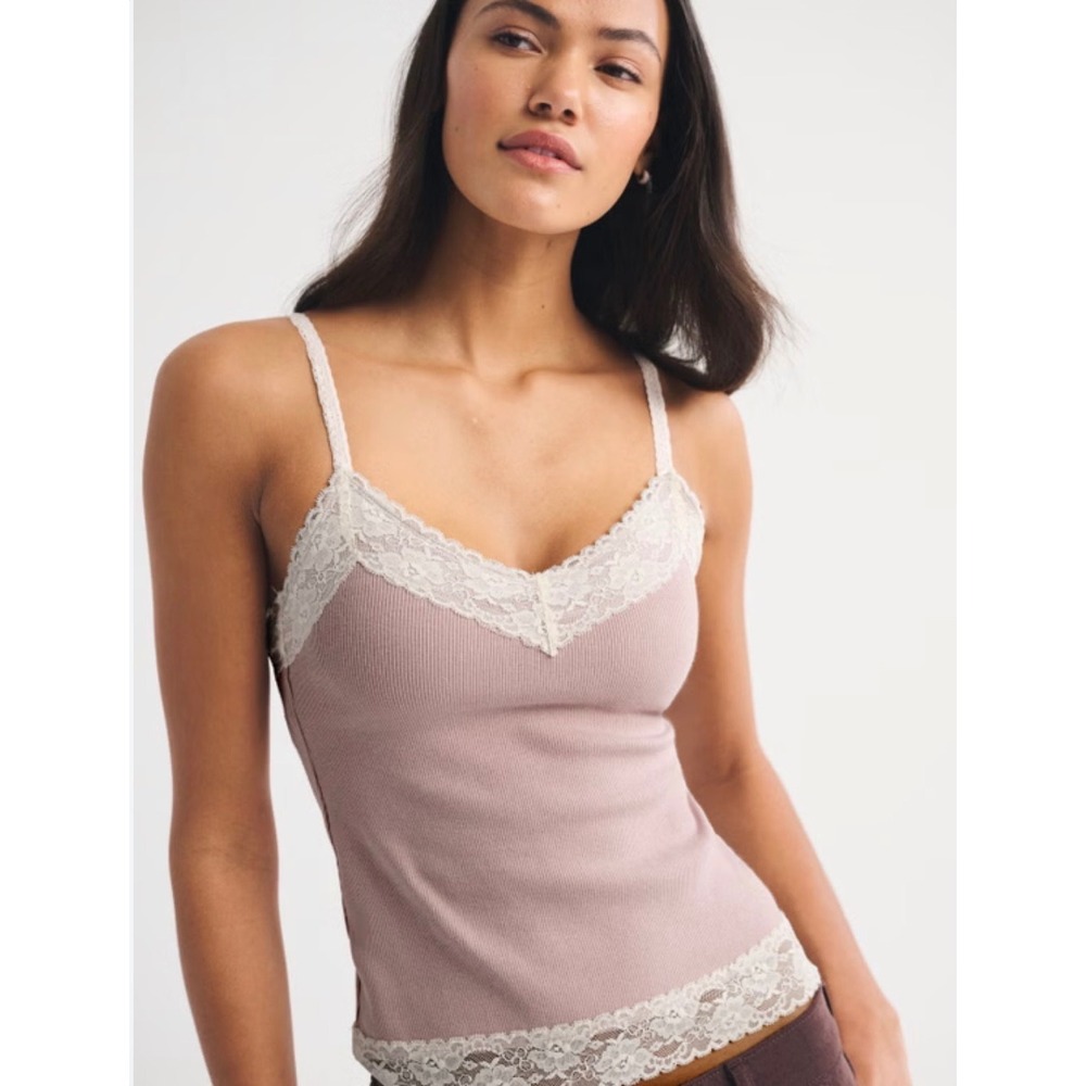 NEW Abercrombie & Fitch Lace Trim Cami Womens M Pink Ribbed Y2K Archive Tank